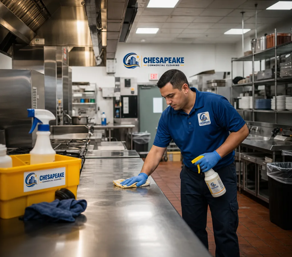 Professional cleaner sanitizing stainless steel prep tables in a restaurant kitchen after hours