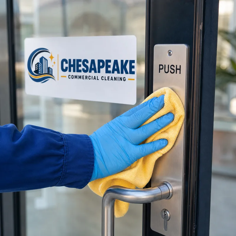 Gloved hand disinfecting a clinic entry door handle and push plate