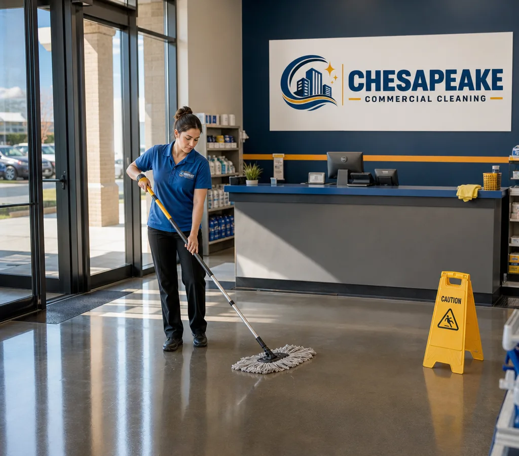 Clean Chesapeake retail storefront with polished floors, spotless glass doors, and a maintained checkout area after hours