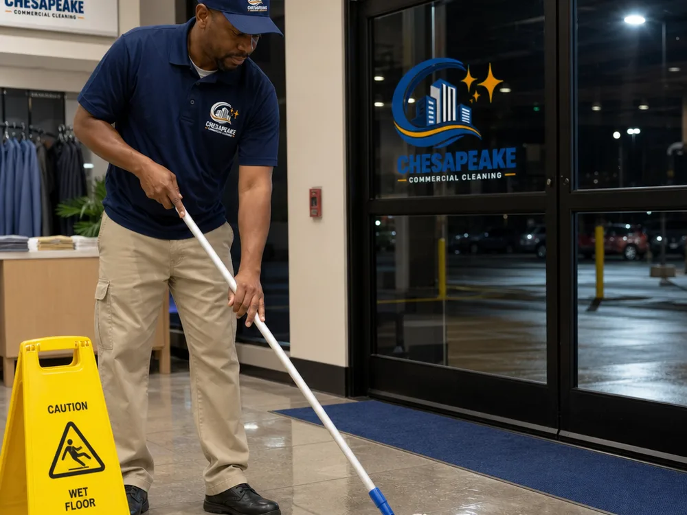 Cleaner detailing a retail entrance at night with clean mats, wet-floor signage, and streak-free glass doors