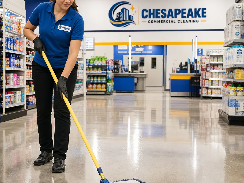 Wide retail aisle and showroom floor with an even clean sheen and tidy perimeter baseboards