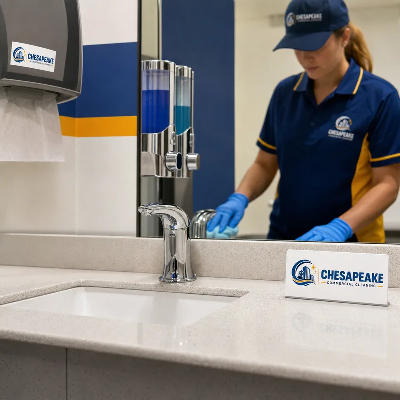 Dealership restroom sink area with polished chrome, a clean mirror, stocked dispensers, and spotless counter edges