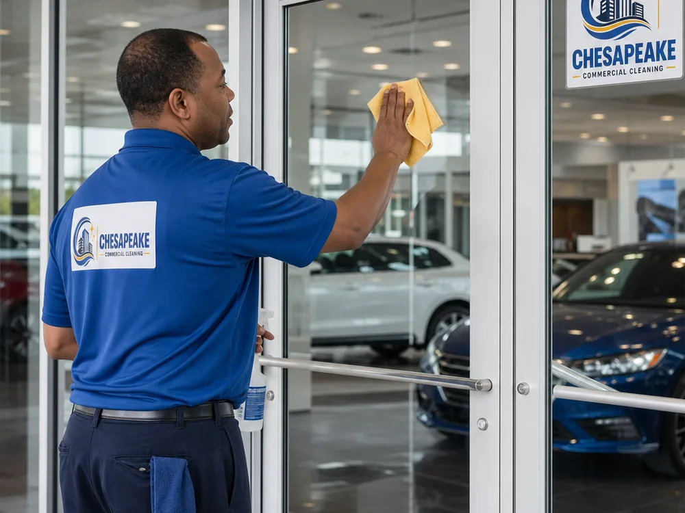 Technician cleaning a dealership glass entry and sidelights beside a polished showroom floor