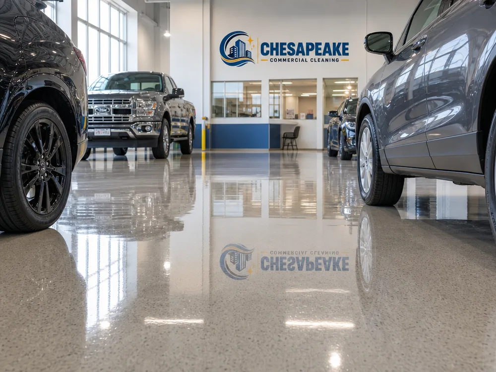 High-gloss dealership showroom floor with clear reflections and no visible scuffs in the main walking path
