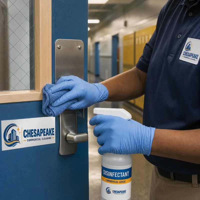 Disinfecting school hallway door hardware and push plates with a labeled disinfectant