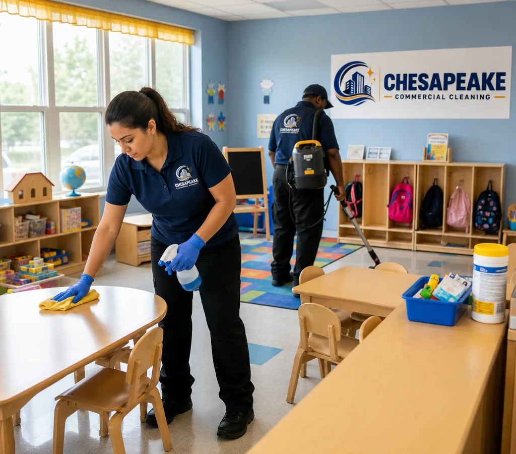 Professional cleaner working in a bright preschool classroom with child-height tables and cubbies