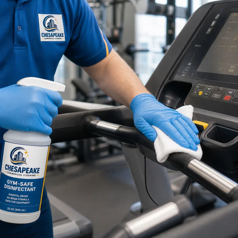 Cleaner disinfecting treadmill handles and console with labeled gym-safe disinfectant and microfiber cloths