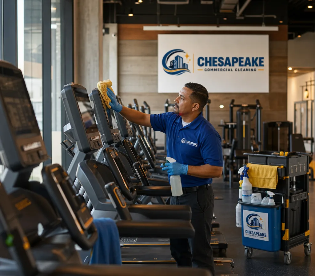 Professional cleaner disinfecting cardio machine handles and screens inside a modern gym during off-hours