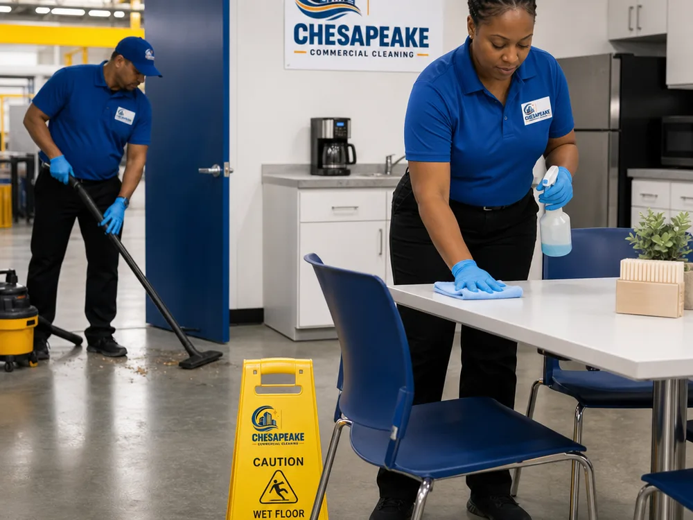 Technician cleaning a commercial breakroom next to a light industrial office area