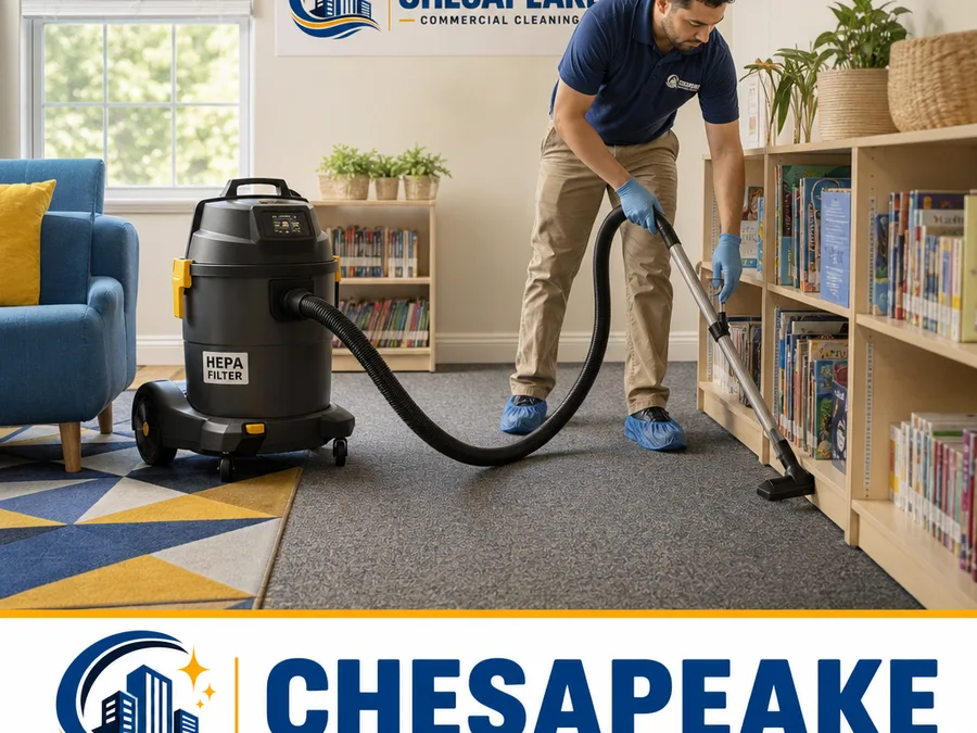 Technician using a commercial HEPA vacuum in a carpeted classroom reading corner